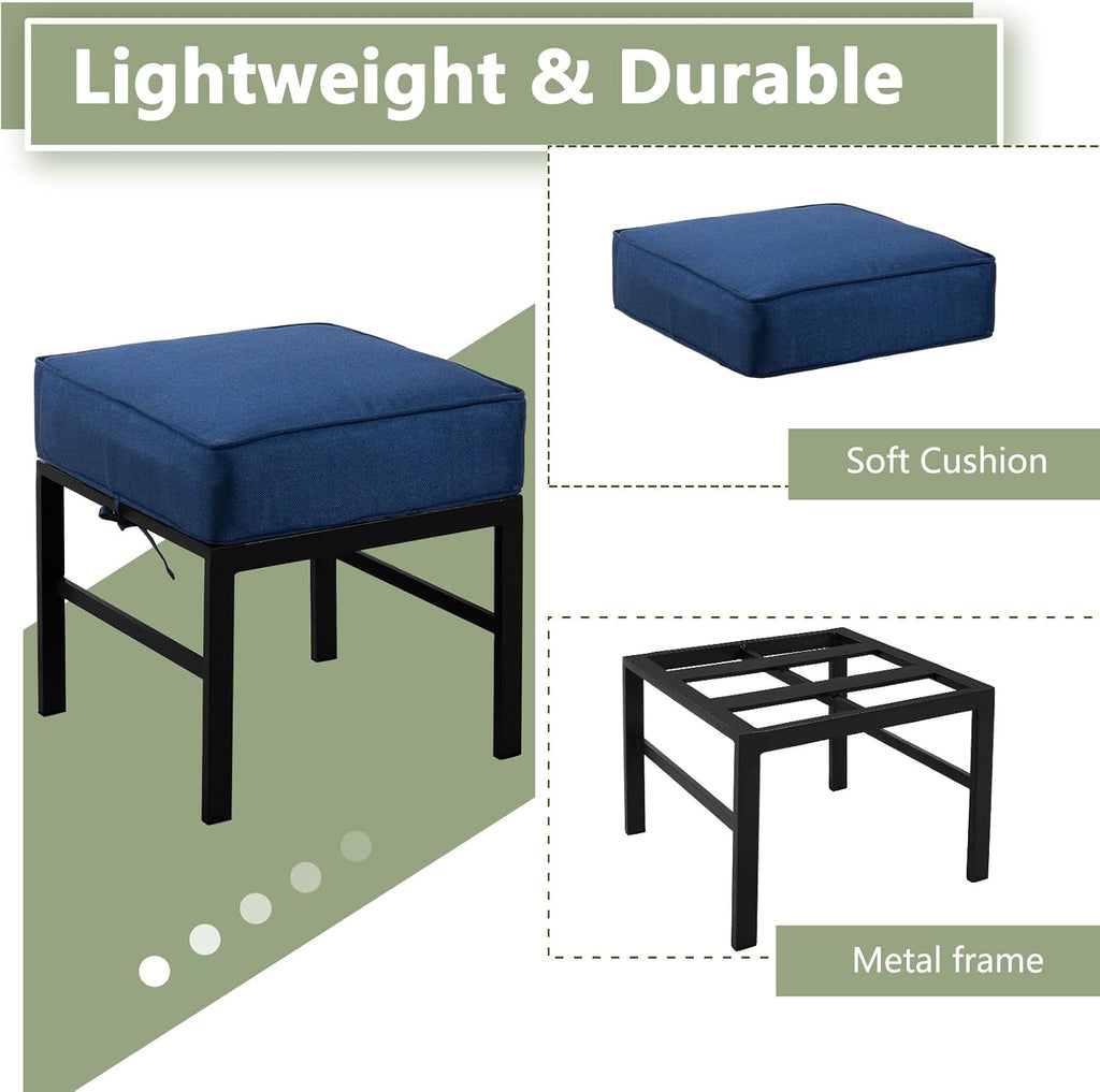 2 Pieces Outdoor Patio Ottomans, Assembled Metal Outdoor Ottoman with Blue Cushions, Metal Small Outdoor Foot Stools for Patio Porch Yard Garden Deck, Black Frame