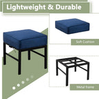 2 Pieces Outdoor Patio Ottomans, Assembled Metal Outdoor Ottoman with Blue Cushions, Metal Small Outdoor Foot Stools for Patio Porch Yard Garden Deck, Black Frame