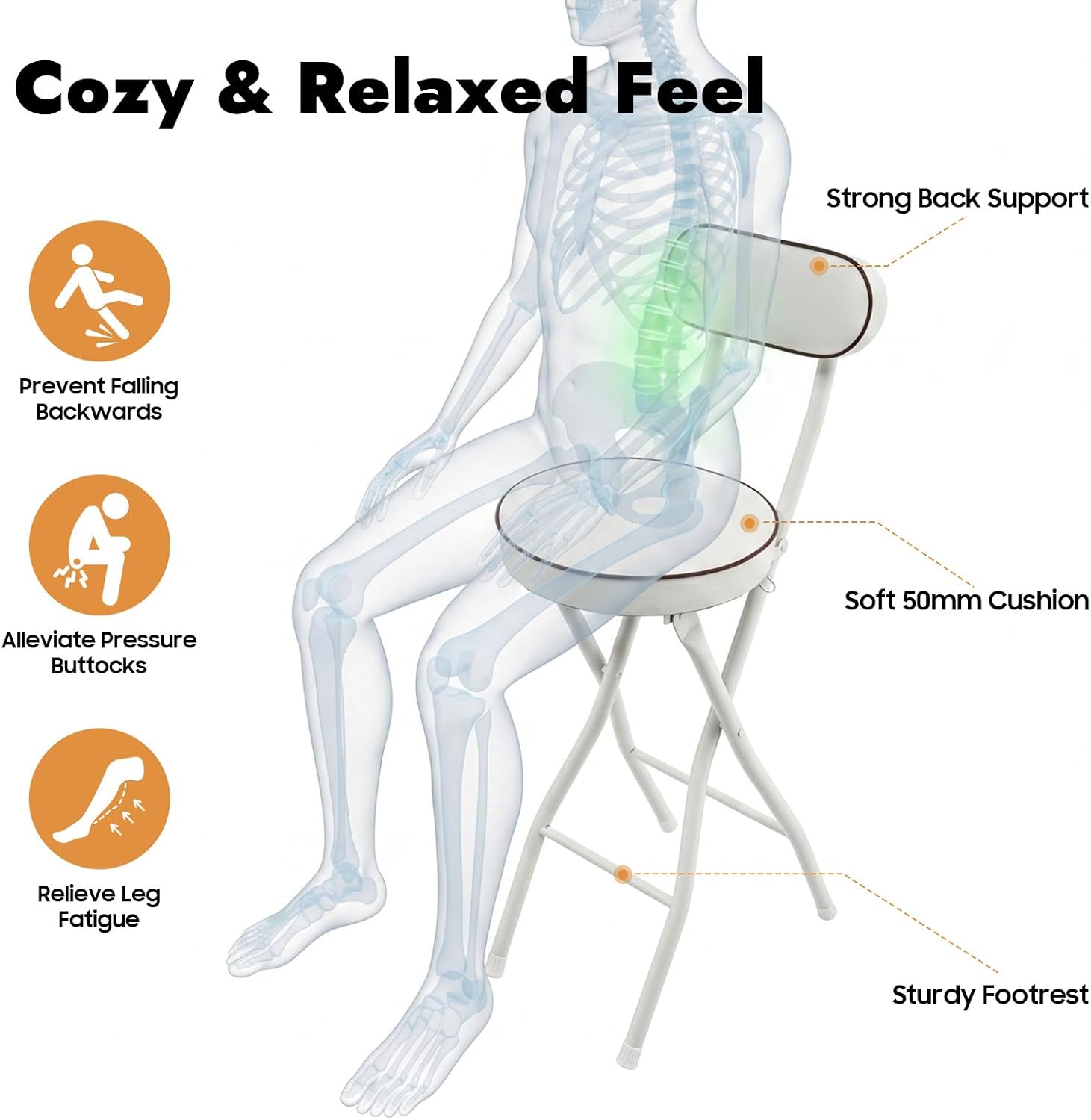 2PCS Folding Stool Cushioned Padded Folding Stool with 275.6lbs Capacity Foldable Bar Stool Portable Stool Chair with Back for Kitchen Living Room Garden Camping Fishing (White)