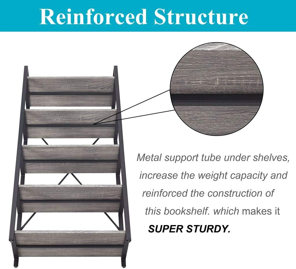 Industrial Bookshelf, Etagere Bookcases and Book Shelf 5 Tier Shelves, Grey Wood and Metal Shelving Unit (Dark Gray Oak)
