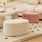 Oval Ottoman with Storage,Fleece Fabric Bed End Stool,Upholstered Padded Seat with Large Storage Space,Shoes Changing Stool for Entryway (Pink)