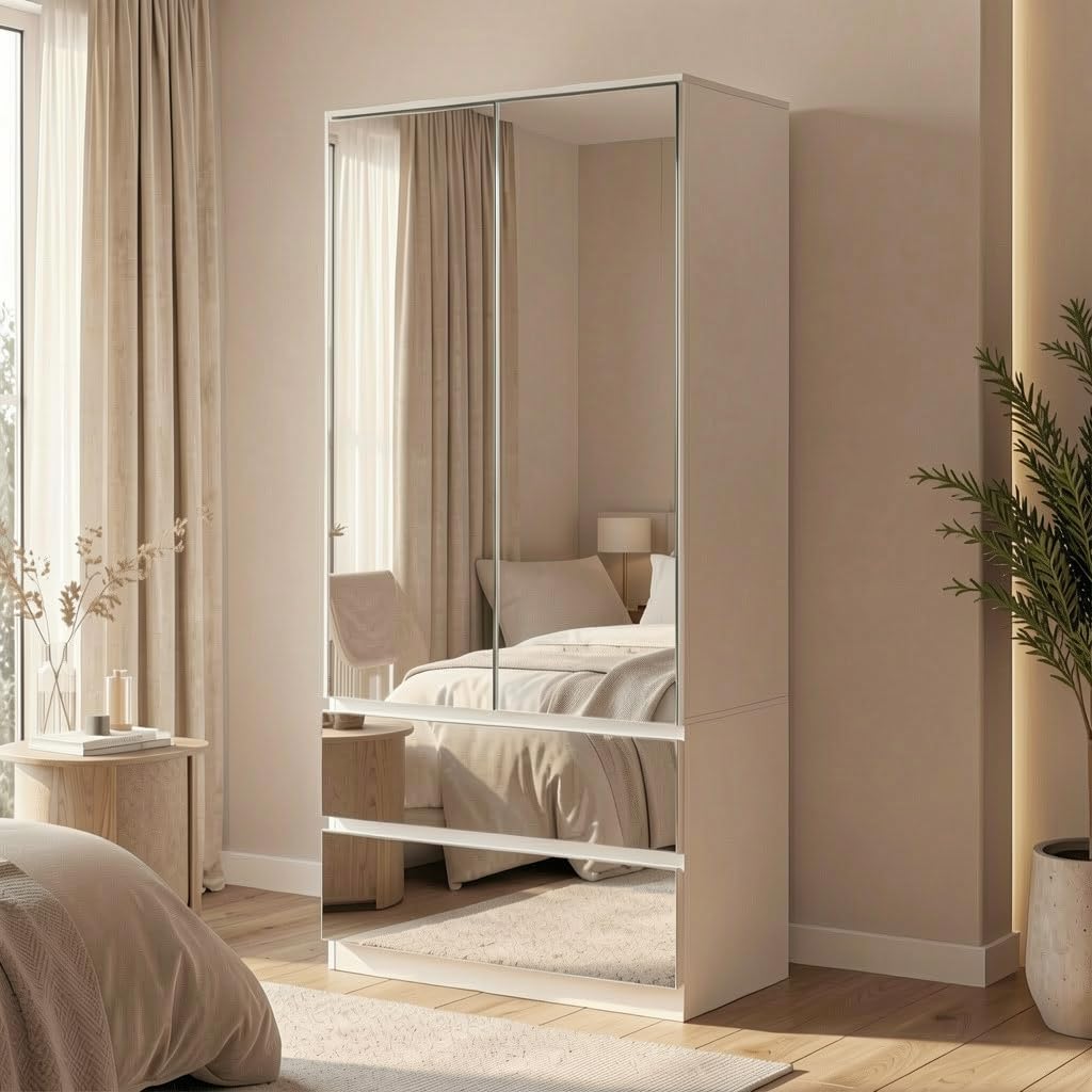 FUFU&GAGA Wardrobe with Mirror Door & Drawers, White Mirror Wardrobe Closet