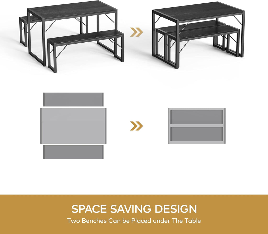 Gizoon 45.5" Dining Table Set for 4, Kitchen Table with 2 Benches Black | Space-saving black 4-person table set with 2 benches. Steel frame & MDF board. Benches tuck under table. 330lbs capacity.