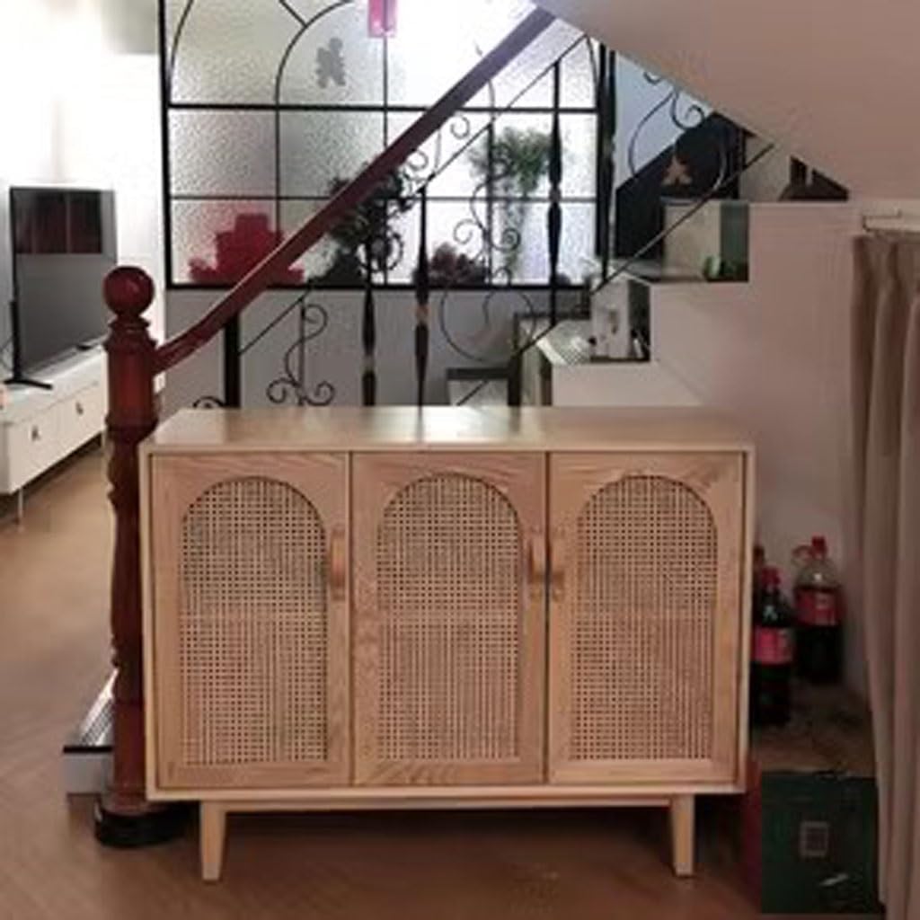 Entryway Cabinet Simple Solid Wood Rattan Dining Sideboard Nordic Home Living Room Kitchen Storage Locker Sideboard Storage Cabinet(M:120CMX35CMX90CM)