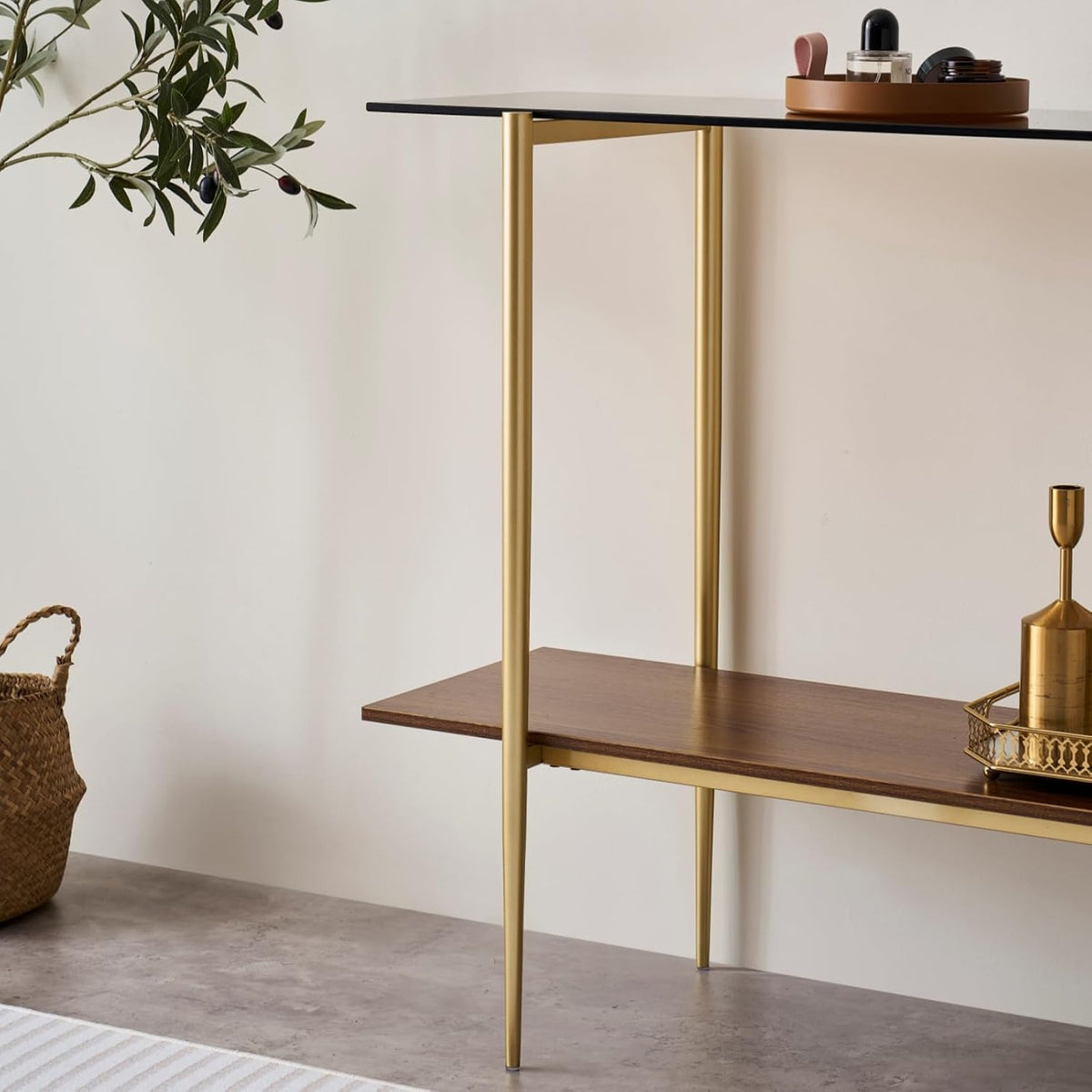 LumFurn Glass Console Table for Living Room, Foyer & Entrance, 2-Tiers Mid-Century Modern Sofa Table with Amber Glass Top, Walnut Finish Wood Shelf and Gold Finish Frame