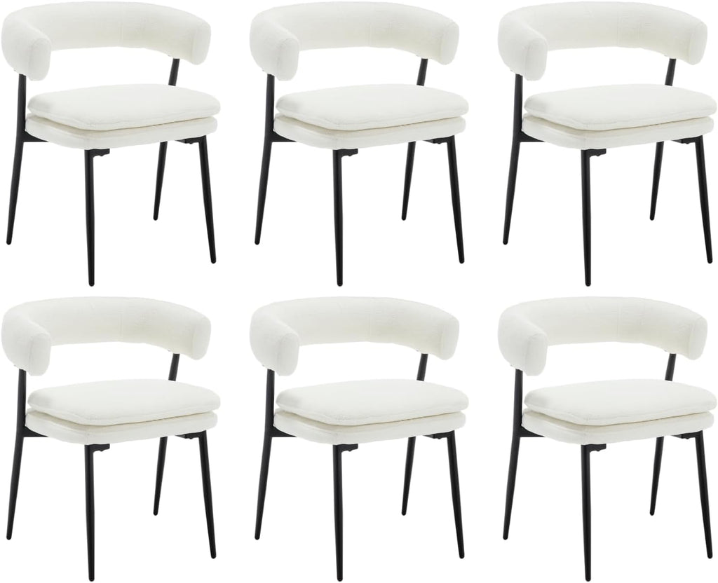 Shunzhi White Upholstered Dining Chairs Set of 6 Modern Barrel Boucle Fabric Dining Room Chairs Comfy Kitchen Chairs Chenille Armless Side Chair with Curved Back for Living Room/Restaurant