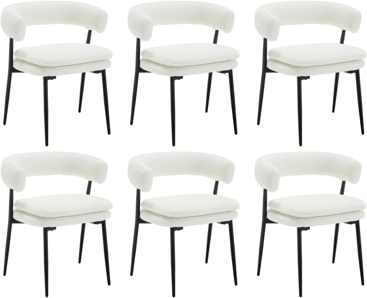 Shunzhi White Upholstered Dining Chairs Set of 6 Modern Barrel Boucle Fabric Dining Room Chairs Comfy Kitchen Chairs Chenille Armless Side Chair with Curved Back for Living Room/Restaurant
