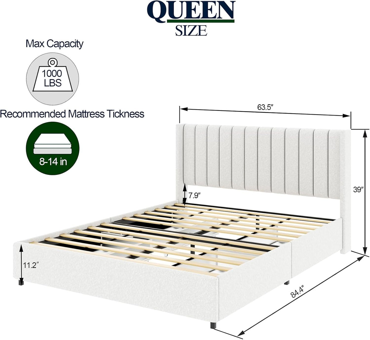 Queen Size Storage Bed Frame with 4 Drawers, Ivory Boucle Upholstered Platform Bed, Vertical Channel Tufted Headboard, Metal Frame Support, No Box Spring Needed