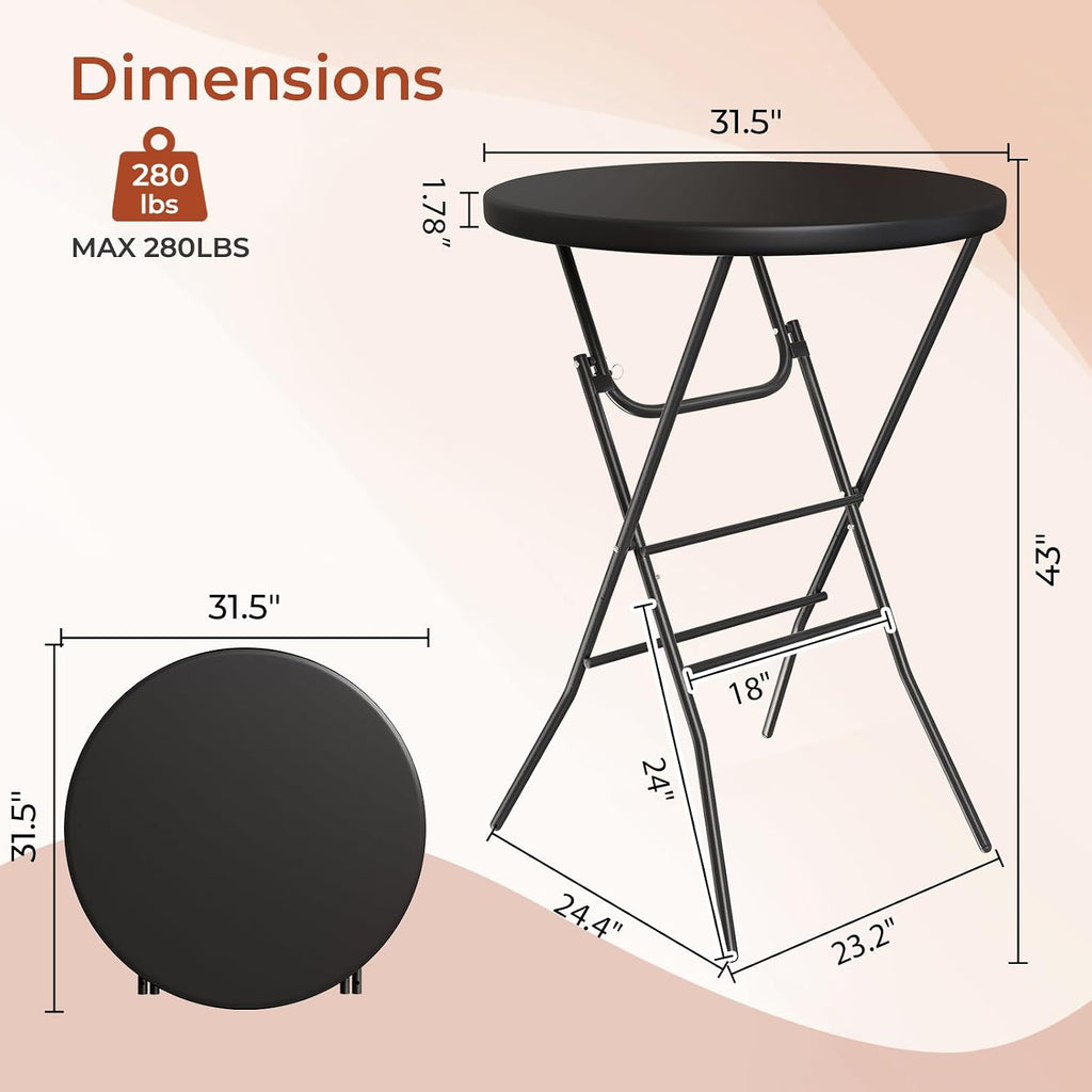TLSUNNY 4Pcs 32" Folding Round Cocktail Table, High Top Bar Table, Black | Portable Folding Chair for Saving Space, with Locking Leg,Stable Crossbar,for Party, Commercial Events,Bistro,Indoor,Outdoor