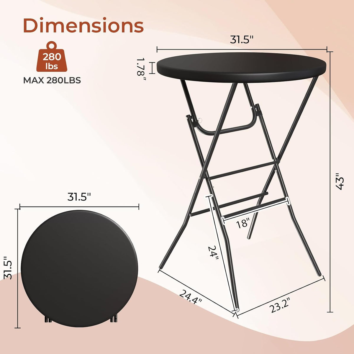 TLSUNNY 4Pcs 32" Folding Round Cocktail Table, High Top Bar Table, Black | Portable Folding Chair for Saving Space, with Locking Leg,Stable Crossbar,for Party, Commercial Events,Bistro,Indoor,Outdoor