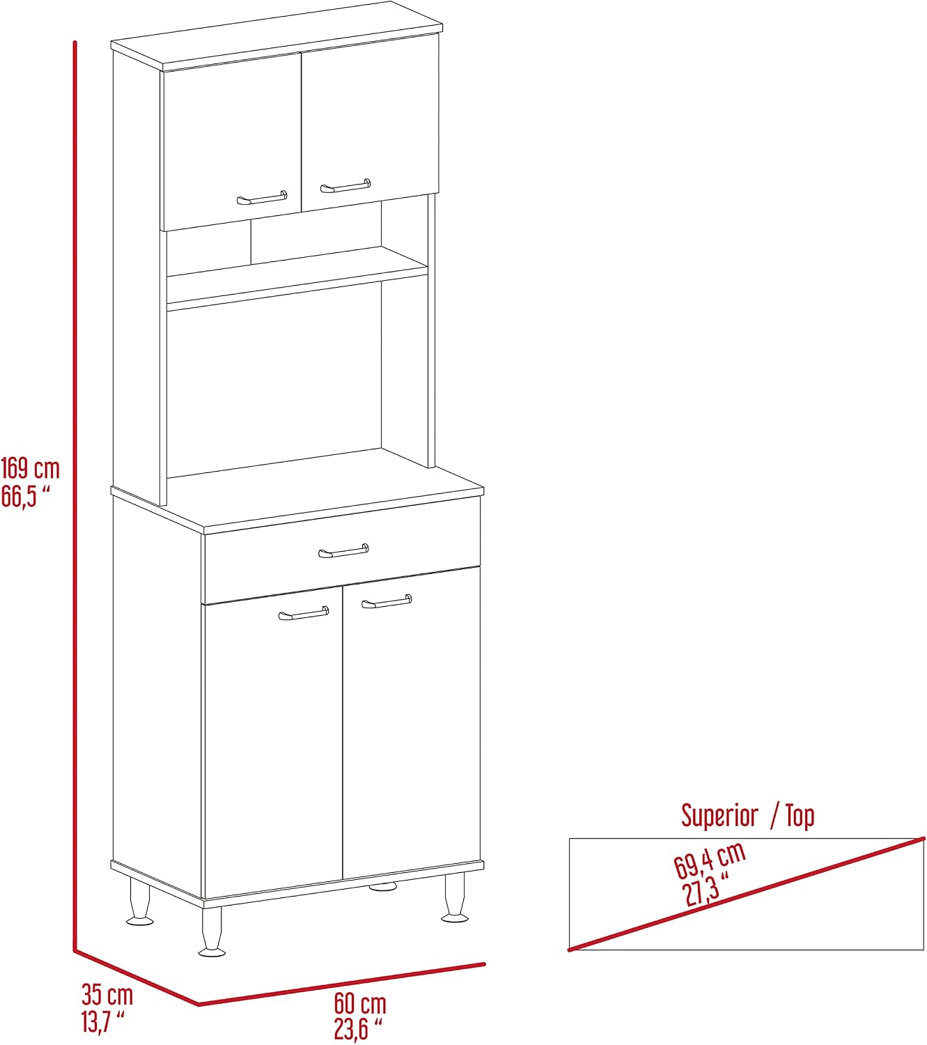 Pantry Cabinet 67" H,Four Doors,One Drawer,Three Internal Shelves,2 External Storage Shelves,Microwave Storage Option,Four Legs,White