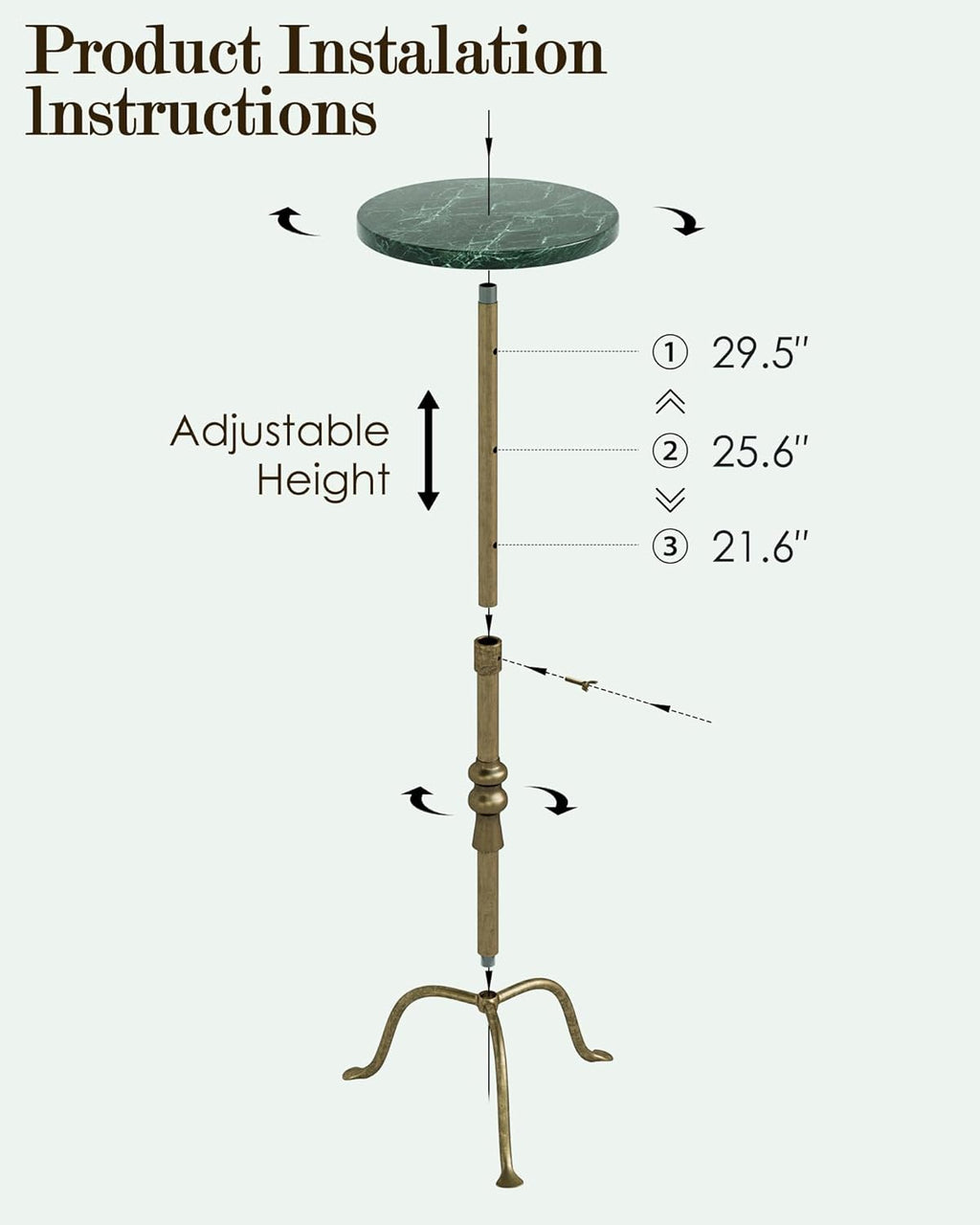 Adjustable Height Round Pedestal Table - 22-30 Inch, Modern Martini Cocktail End Table with Natural Travertine Top & Antique Brass Base for Small Spaces Living Room, Bedroom (Green Marble)