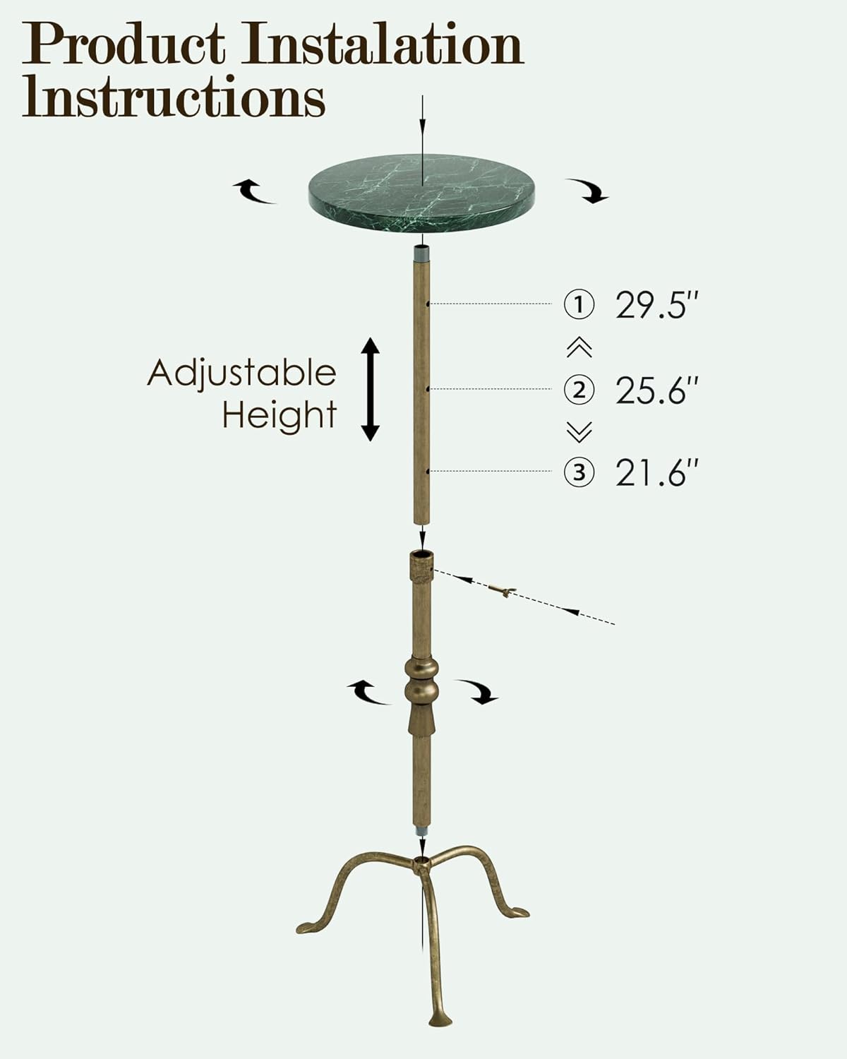 Adjustable Height Round Pedestal Table - 22-30 Inch, Modern Martini Cocktail End Table with Natural Travertine Top & Antique Brass Base for Small Spaces Living Room, Bedroom (Green Marble)
