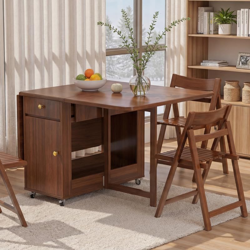 Folding Drop Leaf Dining Table and Hidden Chairs for Small Spaces Kitchen | Fully Assembled, Space Saving, Storage Table & 4 Lockable Wheels, Solid Wood & Wood Grain Finish, Walnut