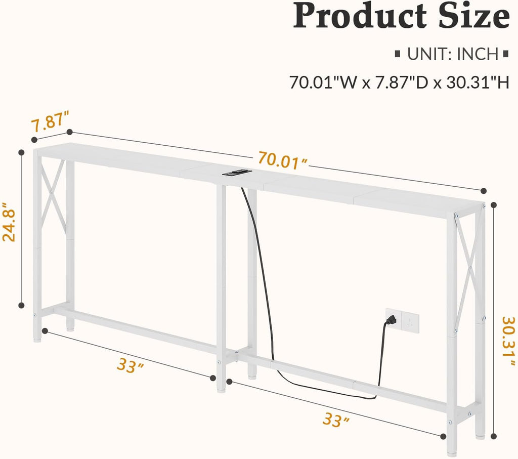 Gewudraw 70 in Skinny Sofa Table Behind Couch, Console Table with Oulets & USB Ports for Hallway, Entryway,Living Room, Bedroom, White