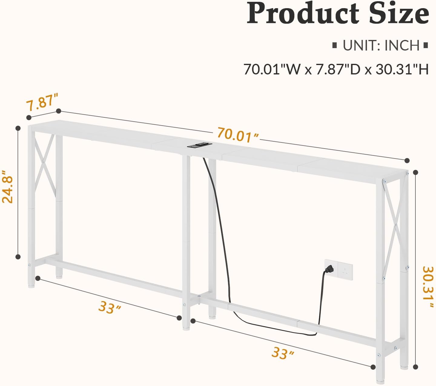 Gewudraw 70 in Skinny Sofa Table Behind Couch, Console Table with Oulets & USB Ports for Hallway, Entryway,Living Room, Bedroom, White