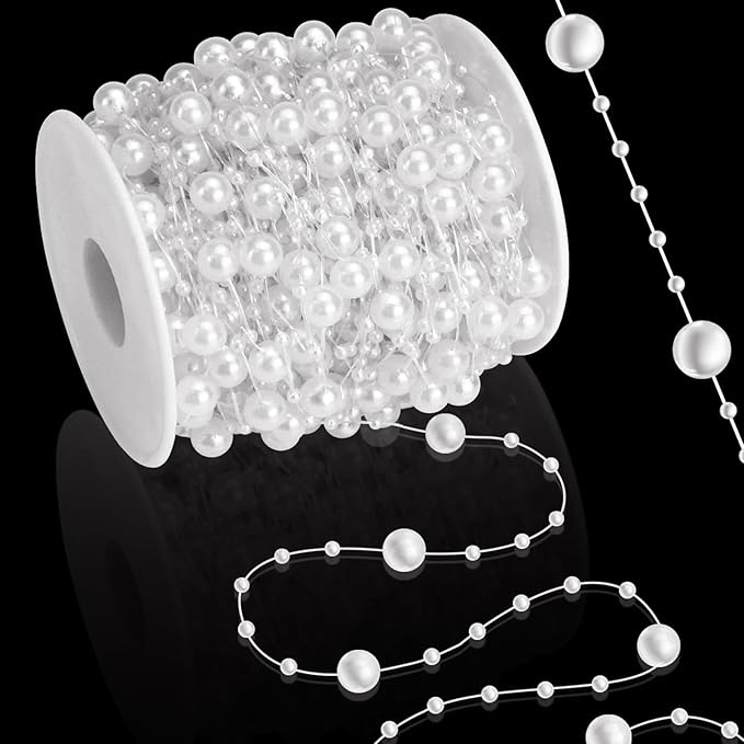 99 Feet Fishing Line Artifical Pearl Strings for Crafting, Faux Pearl Garland Strands for Floating Candle Vases Filler Wedding Centerpiece Bouquet Christmas Tree Party Decoration, White