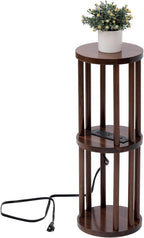 9 x25 Fully Assembled Walnut Wood Round Drink Table with Charging Station, Mid-Century Modern Circle Wood Accent Pedestal Table for Living Room or Small Bedroom Nightstand