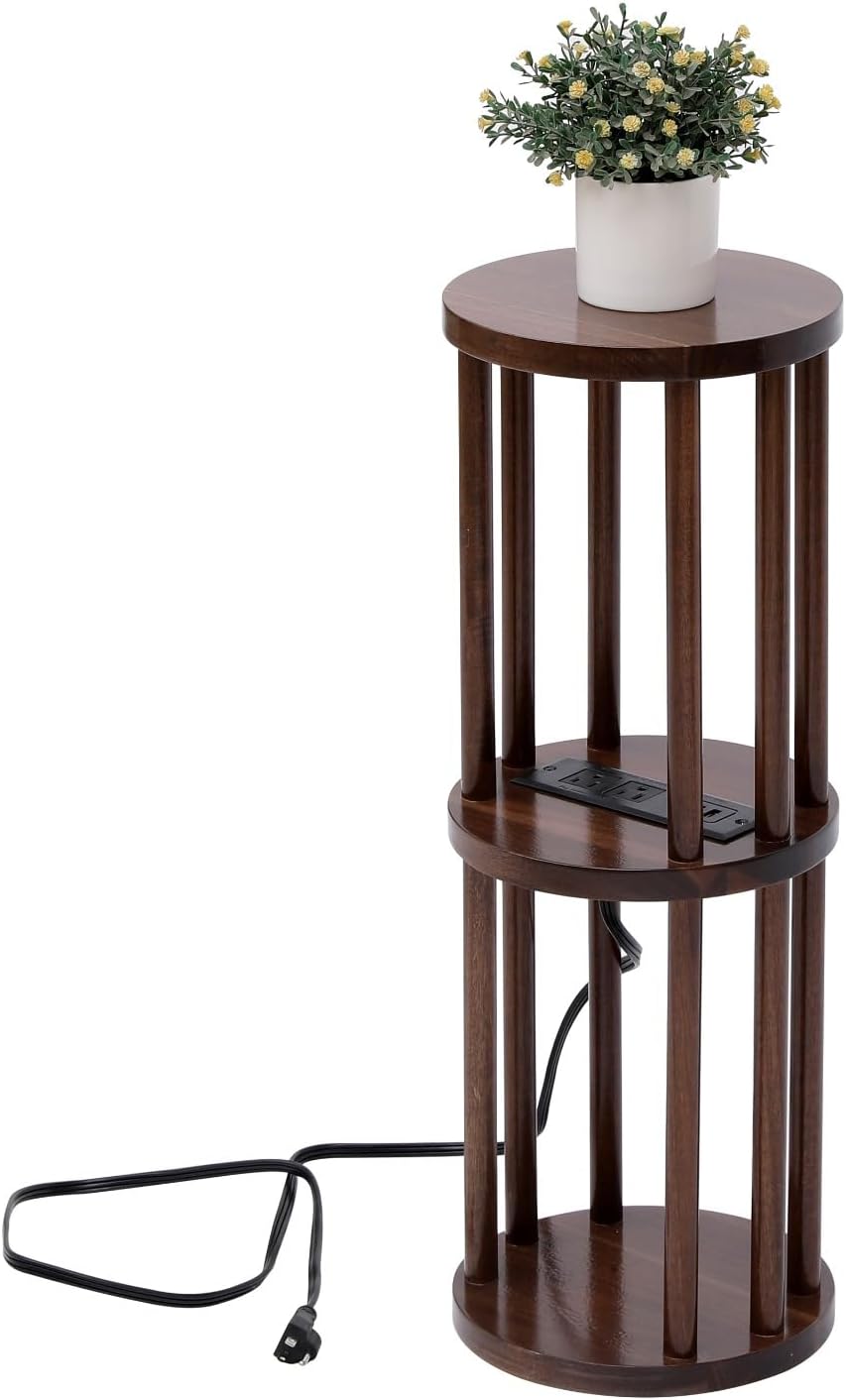 9 x25 Fully Assembled Walnut Wood Round Drink Table with Charging Station, Mid-Century Modern Circle Wood Accent Pedestal Table for Living Room or Small Bedroom Nightstand