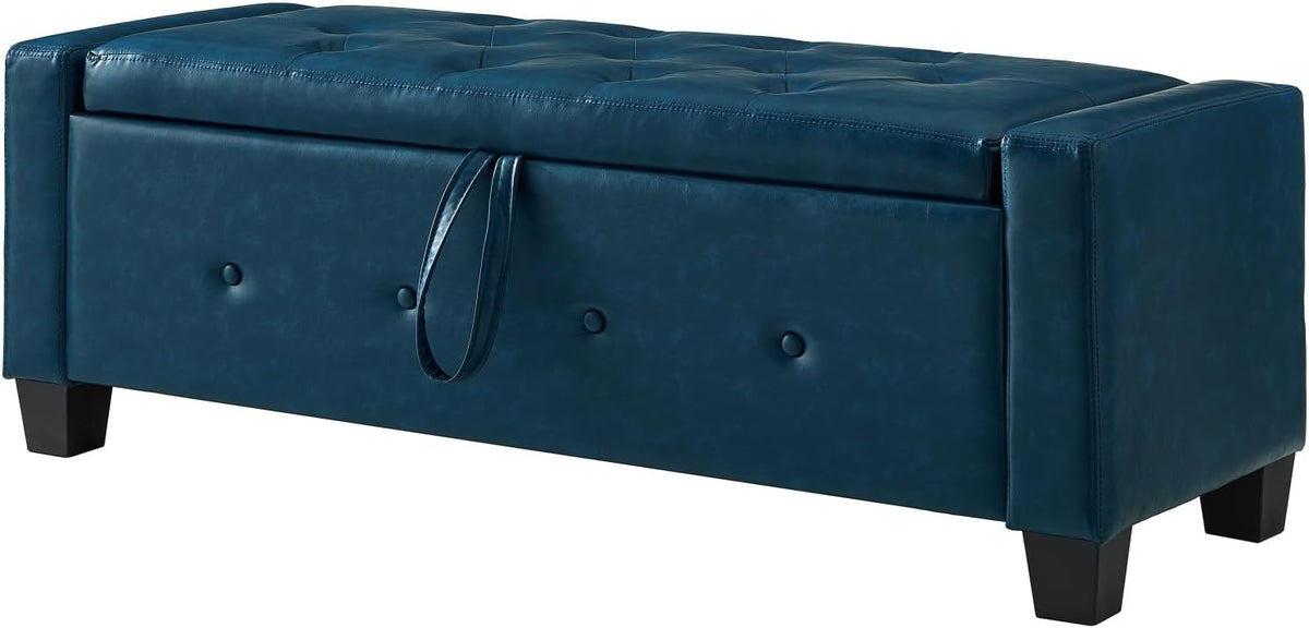 Storage, Bench for Bedroom,Living Room,Hallway, Upholstered Tufted Faux Leather Ottoman Blue