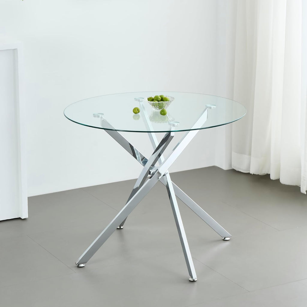 HomVent Round Glass Dining Table Set for 2, Circle Glass Kitchen Table Set Small Dining Room Set with 2 Dining Chairs for Kitchen Dining Room