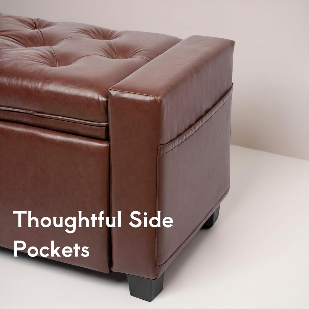 43.31'' Storage Ottoman Bench, Leather Upholstered Tufted Bedroom Bench with Storage, End of Bed Storage Bench for Living Room & Entryway, 350 lb Capacity, Leather Brown