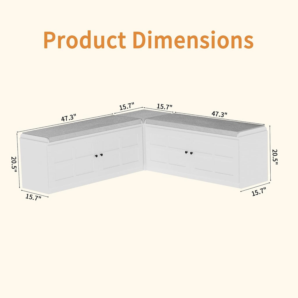 63 inches L-Shaped Storage Bench with Cushion Seat Corner Dining Bench with Hidden Storage Wooden Backless Bench for Entryway Dining Room Kitchen,White