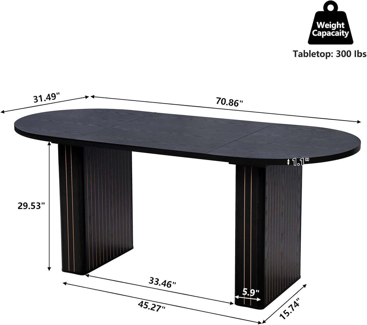 70.8 Inch Kitchen Dining Table for 4-6 People, Oval Kitchen Table with Wood Strip Base, Modern Farmhouse Large Round Dining Room Tables for Home Living Room (Black)