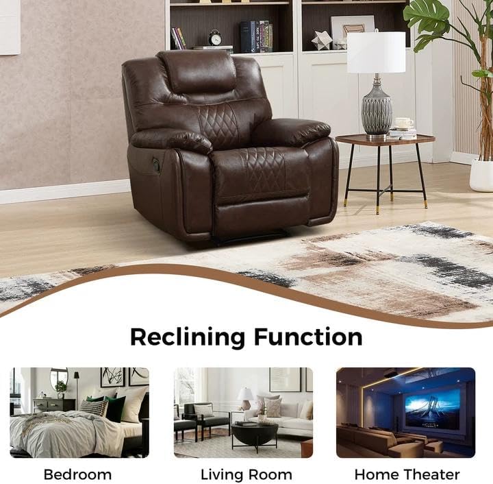 EBELLO Genuine Leather Recliner Chair, Manual Overstuffed Reclining Sofa for Adults with Comfortable Armrest and Backrest, Single Couch for Living Room, Dark Brown