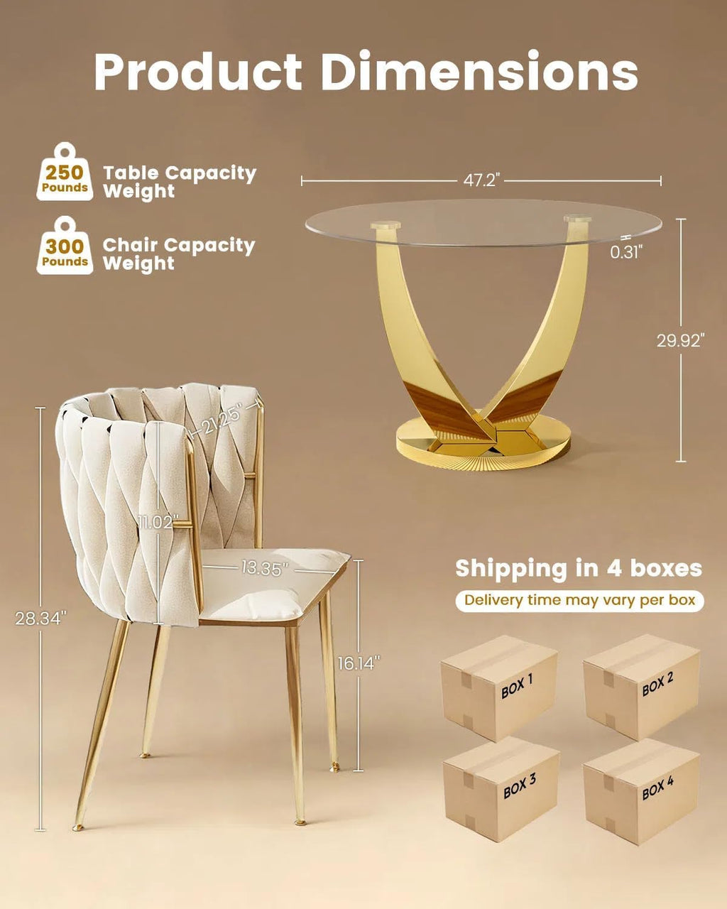 47.2" Round Glass Dining Table Set for 4, Modern Kitchen Table with 4 Upholstered Velvet Chairs, Tempered Glass Top with Golden Steel Base, 5 Pieces Dining Table Set for Small Space - Beige