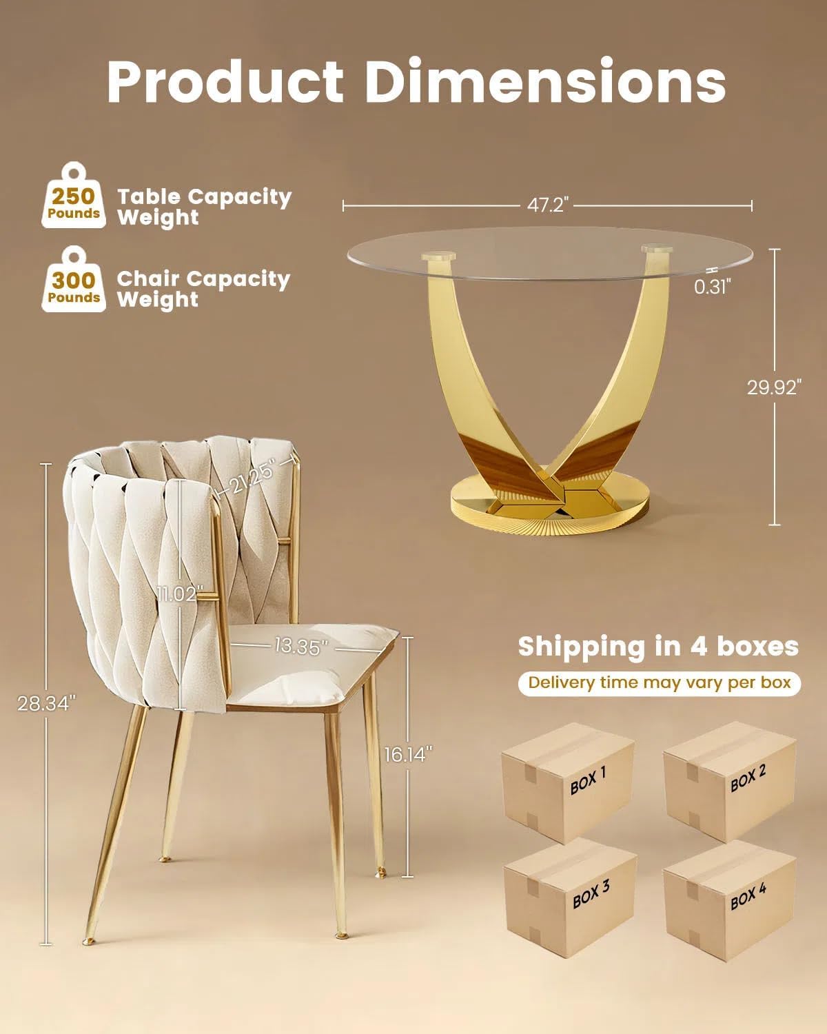 47.2" Round Glass Dining Table Set for 4, Modern Kitchen Table with 4 Upholstered Velvet Chairs, Tempered Glass Top with Golden Steel Base, 5 Pieces Dining Table Set for Small Space - Beige
