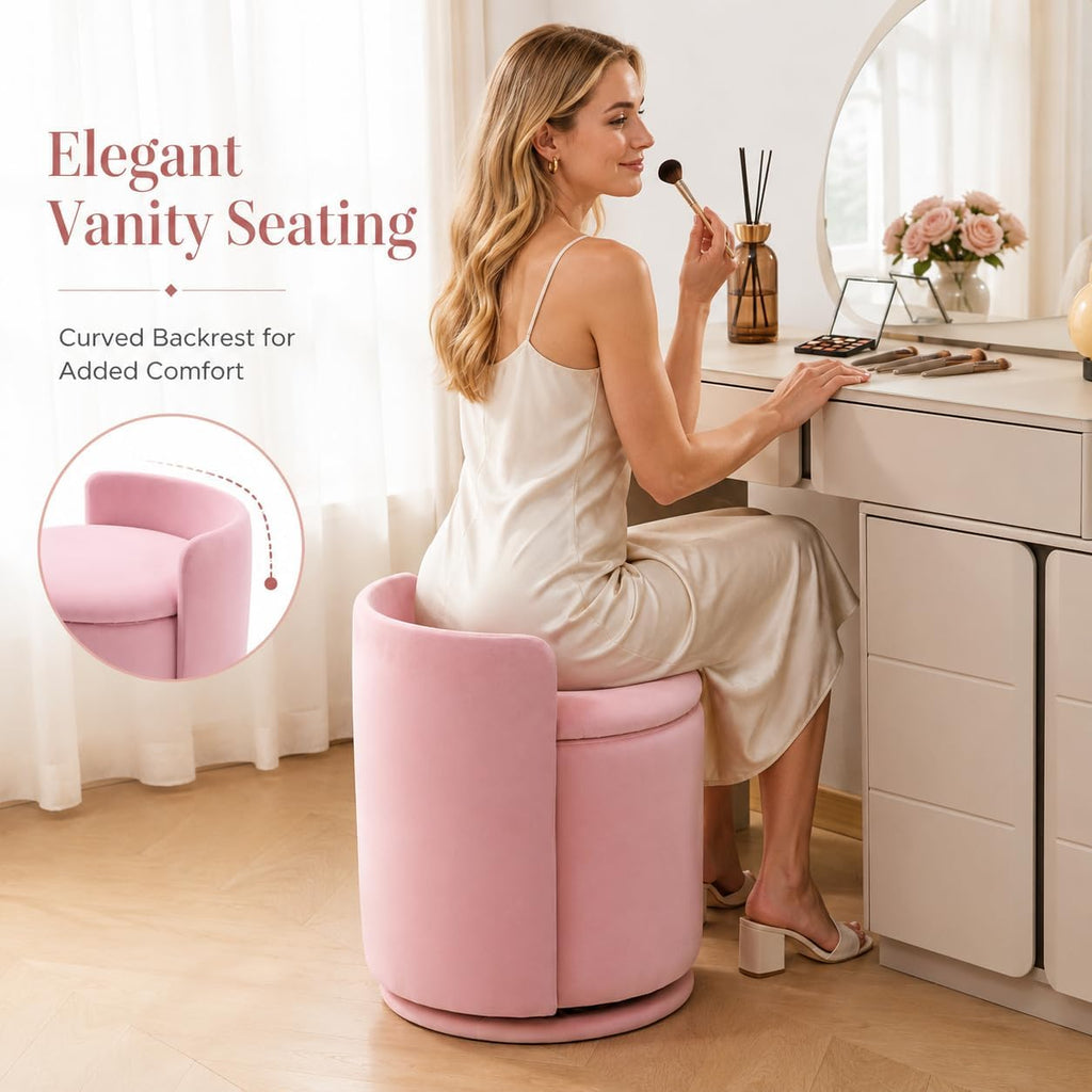 Vanity Chair with Storage and Back 360°Swivel Makeup Chair 17" D x 17" W x 20" H Soft Seat Ottoman Small Side Table Hallway Footstools for Living Room Makeup Room (Pink)