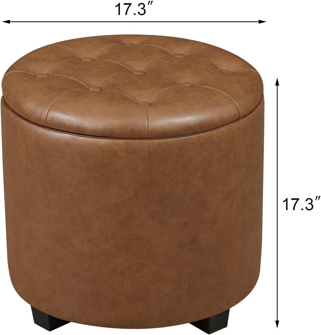 Adeco Brown Upholstered Round Faux Leather Storage Ottoman with Solid Wood Grain Plastic Legs | Tufted Foot Rest Ottoman for Living Room & Bedroom | Decorative Home Furniture