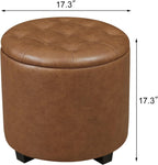 Adeco Brown Upholstered Round Faux Leather Storage Ottoman with Solid Wood Grain Plastic Legs | Tufted Foot Rest Ottoman for Living Room & Bedroom | Decorative Home Furniture