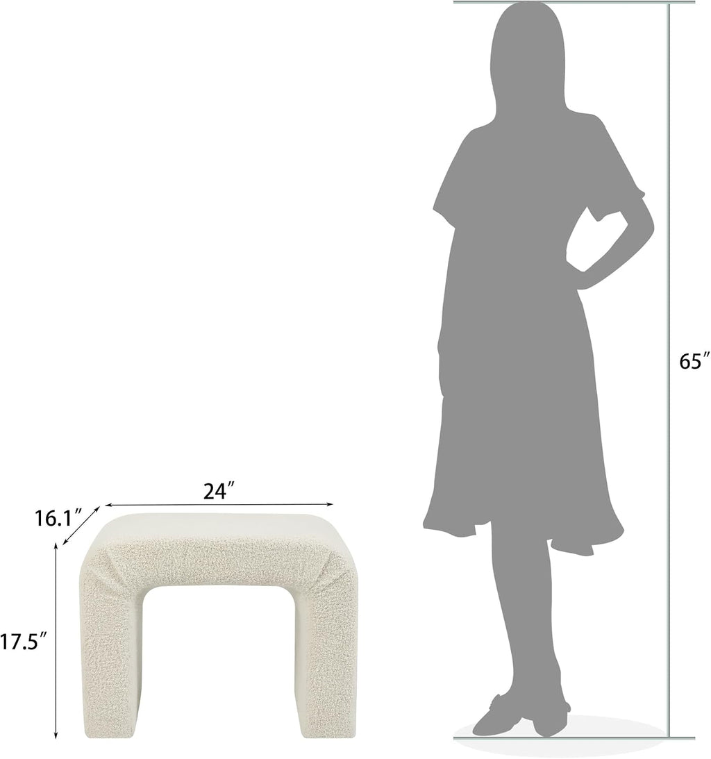 Modern Boucle Ottoman Footstool, 24" Arched Upholstered Vanity Stools for Makeup Room, Small Foot Rest for Entryway, Living Room, Bedroom (Fully Assembled)，White