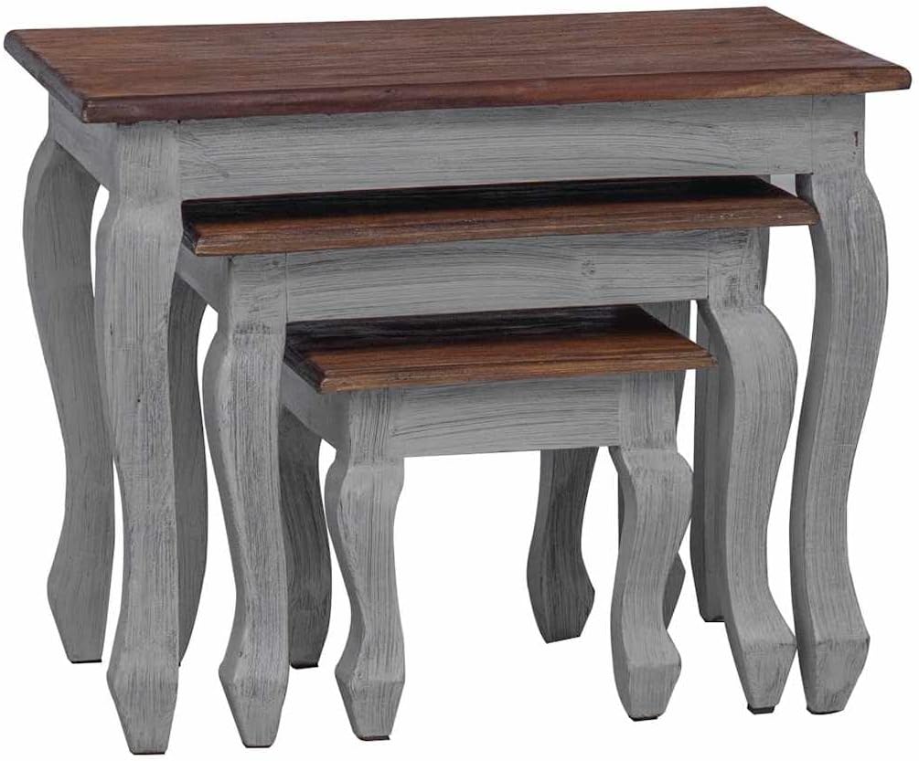 Nesting Table Set 3 Pieces Solid Mahogany Wood | Antique Style, Handmade Vintage, 3 Different Sizes, Durable Side Tables for Living Room