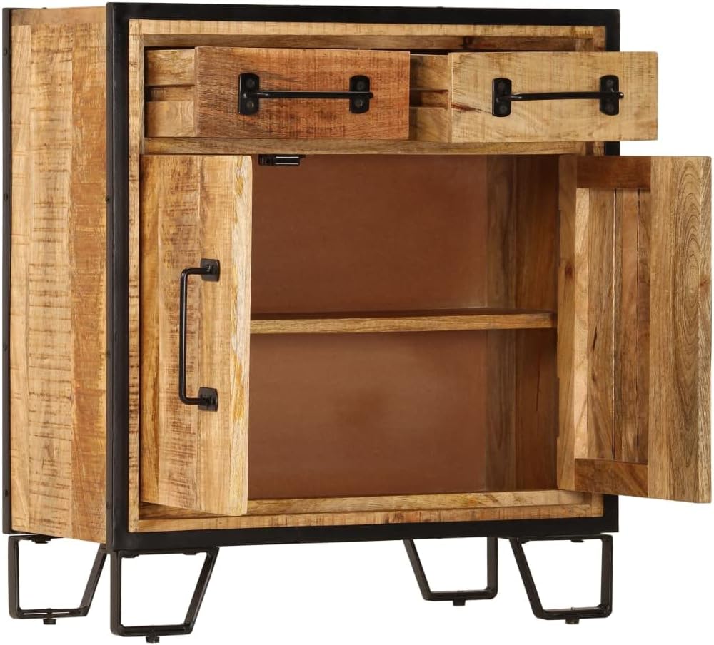 Solid Mango Wood Sideboard Cabinet Rustic Storage Furniture with Unique Grain Patterns and Decorative Inlays for Living Room Dining Area, 25.6 x 11.8 x 27.6 Inches