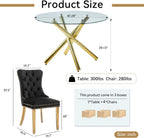 Round Glass Dining Table Set for 4, Small Kitchen Table Set for 4, 47" Circle Gold Glass Dinner Table for 4 with Black Velvet Chairs, 5 Piece Dining Room Table Set for 4 for Breakfast Dinette Cafe