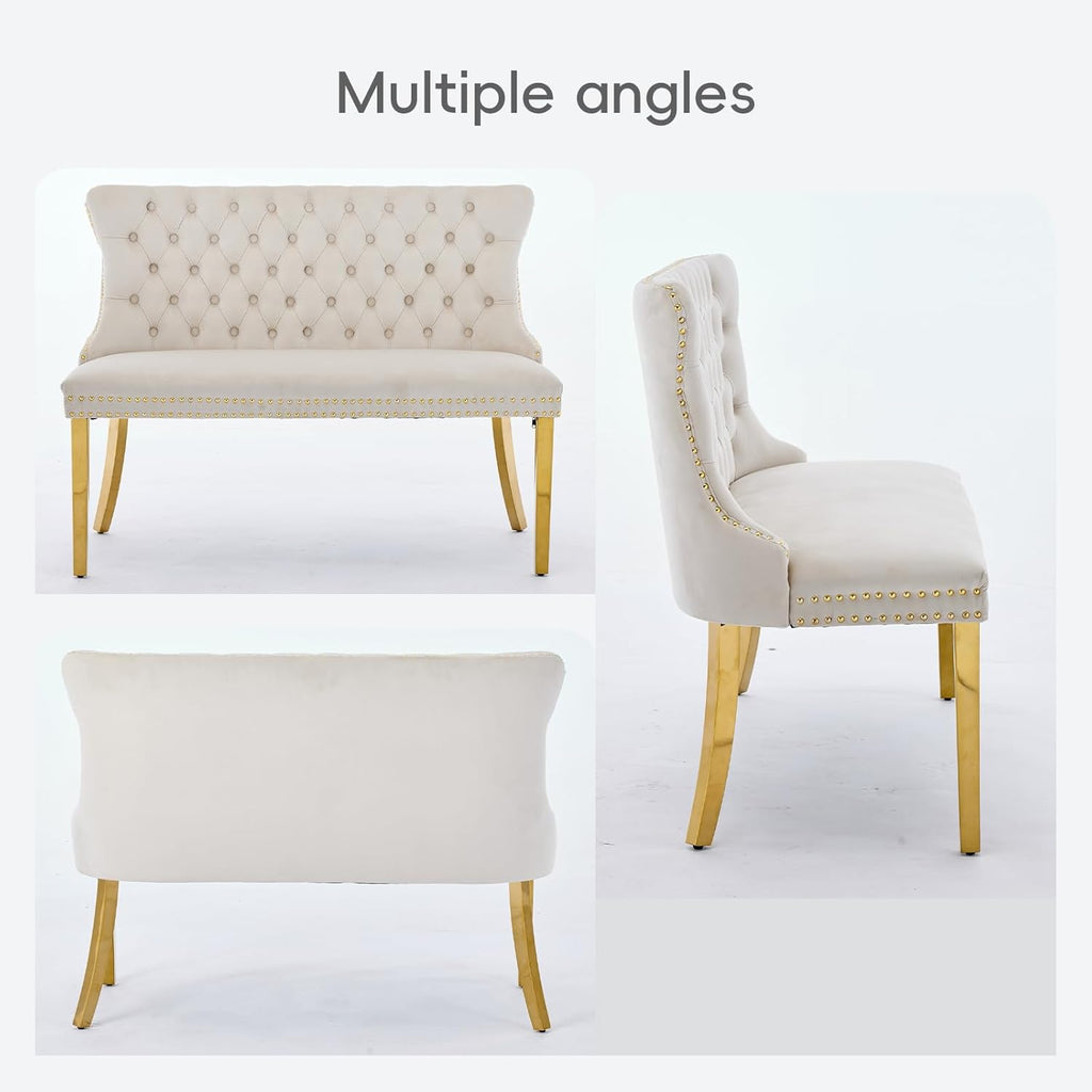 Velvet Double Dining Loveseat Bench with Wing Back, Tufted Upholstered 2-Seat Design,Golden Stainless Steel Legs, Modern Mid-Century Accent Seating for Dining Room, Kitchen, or Entryway (Beige)