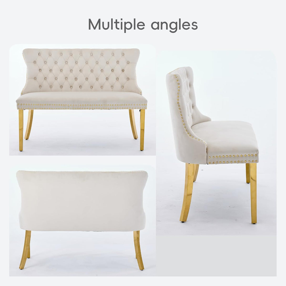 Velvet Double Dining Loveseat Bench with Wing Back, Tufted Upholstered 2-Seat Design,Golden Stainless Steel Legs, Modern Mid-Century Accent Seating for Dining Room, Kitchen, or Entryway (Beige)