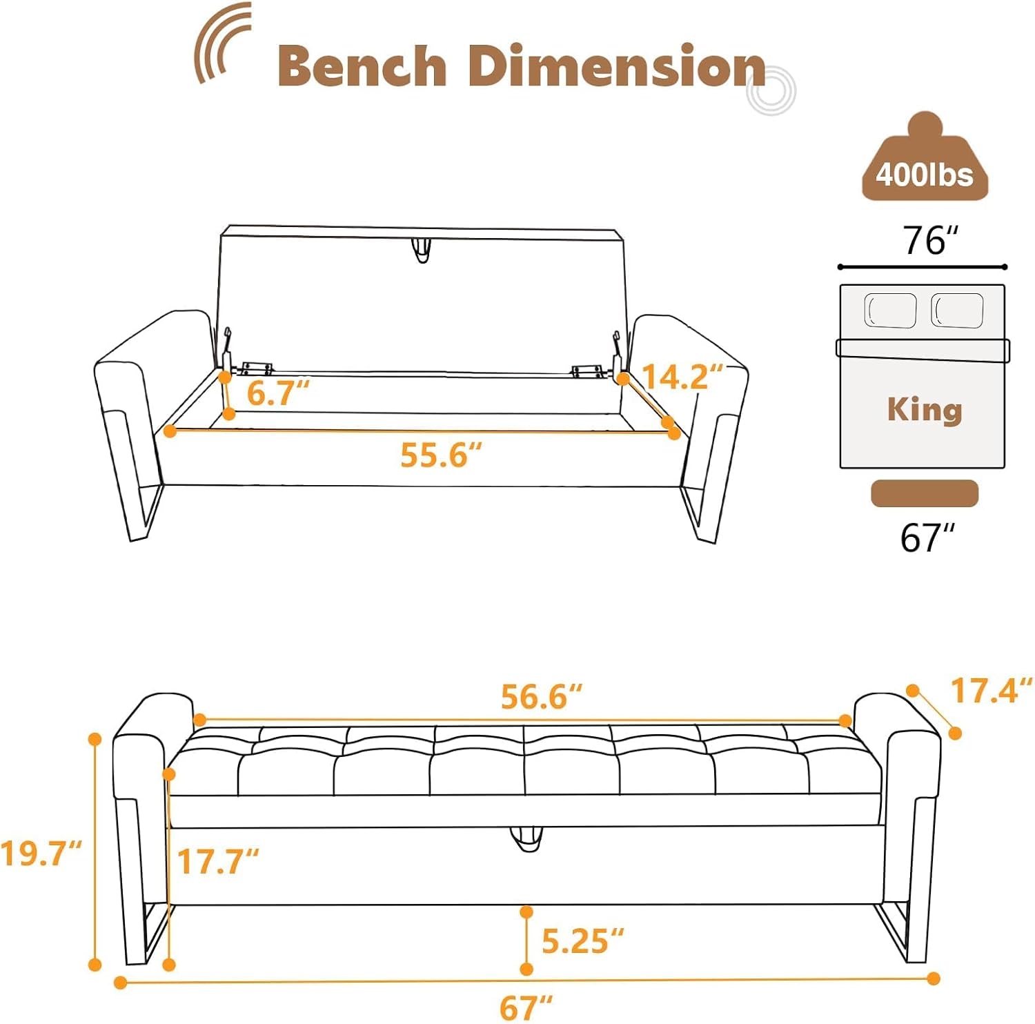 67" Storage Bench for Bedroom End of Bed King Size, Light Cream | Double Lids, Upholstered Faux Leather Storage Bench with Golden Legs for Foot of Bed Window Living Room Entryway