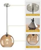 Light Brown Glass Pendant Lights Kitchen Island Globe Pendant Light Fixtures Modern Pendant Lighting for Bedroom Living Dining Room Light Fixture (9.84 in, 3 Pack)