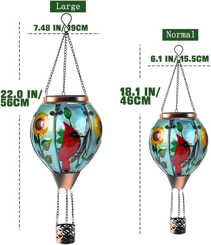 Hot Air Balloon Solar Lantern - Large Cardinal Bird Glass Lantern, Simulated Flickering & Dancing Flame, Big Outdoor Hanging Sunflower Yard Light Waterproof IP65 for Patio Lawn Porch Decor Gift