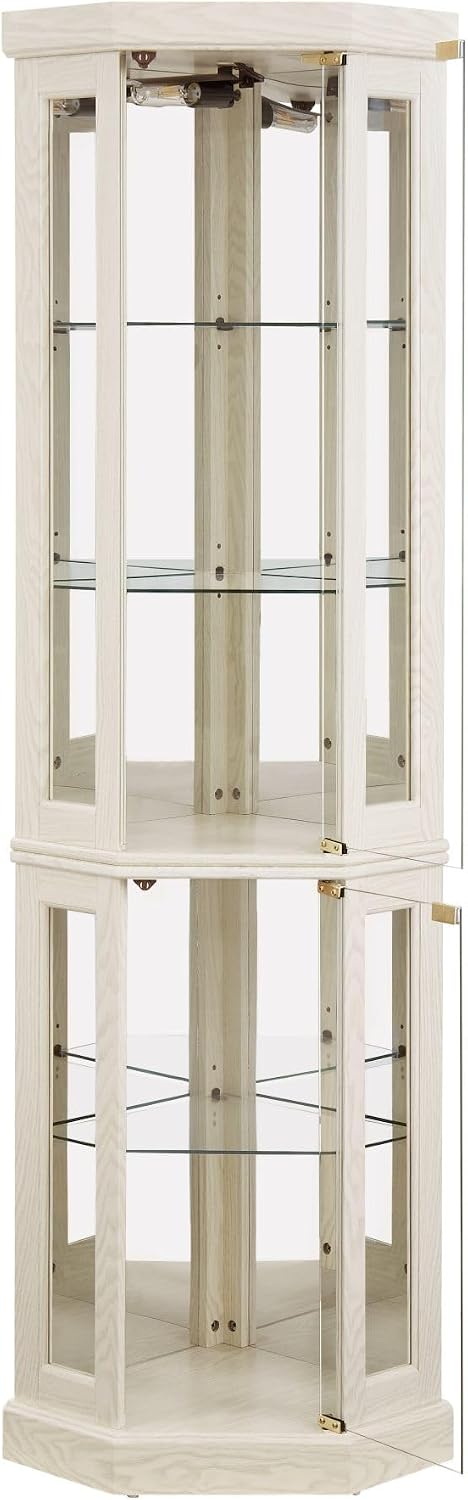 Corner Curio Cabinet, 70" H Lighted Glass Display Cage with Tempered Glass Doors and Adjustable Shelves, Bulb Inclued, Wine Bar China Cabinet for Living Room Liquor Storage (White)