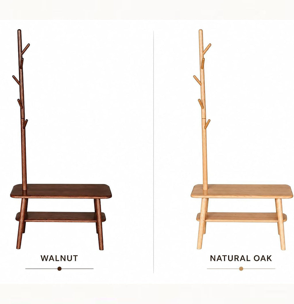 Solid Oak Coat Rack with Bench, 2-in-1 Shoe Bench and Coat Rack, Narrow Wooden Entryway Organizer with Hooks for Hallway, Foyer, Bedroom, Natural Oak Finish
