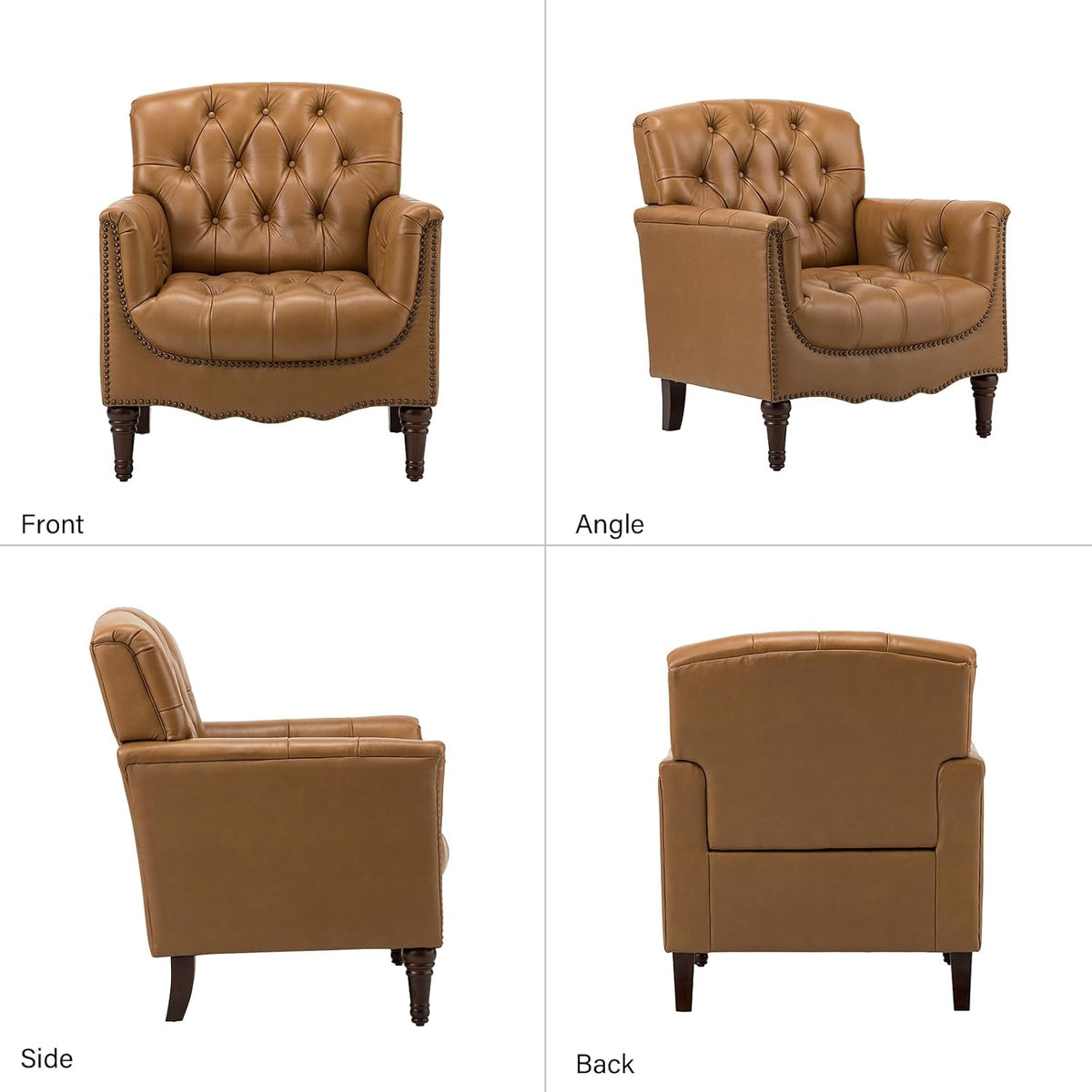 HULALA HOME Mid Century Modern Genuine Leather Accent Chair Set of 2, Camel | Button Tufted Leather Armchairs, Upholstered Club Chairs with Nailhead Trim, Solid Wood Legs,for Living Room Bedroom