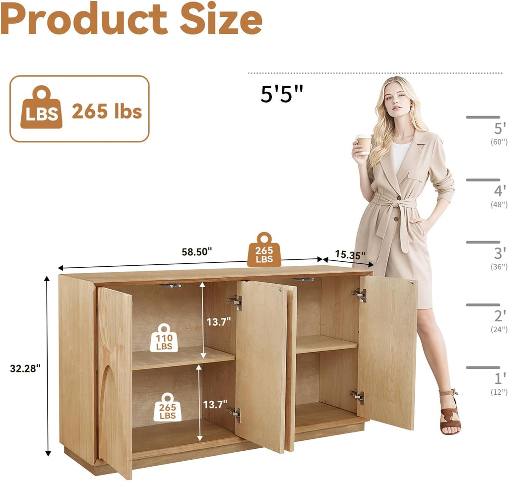 LKTART 59" Sideboard Buffet Cabinet Retro Accent Storage Cabinet with Magnetic Door Latches Adjustable Shelf for Living Room Kitchen(Natural Oak)