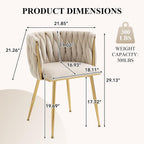 Modern Hand Weaving Dining Chairs Set of 2, Velvet Upholstered Dining Room Chairs with Gold Legs, Elegant Side Chair with Curved Backrest, Accent Chair for Dining Room, Kitchen (Ivory)