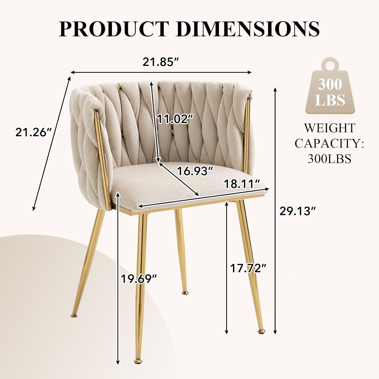 Modern Hand Weaving Dining Chairs Set of 2, Velvet Upholstered Dining Room Chairs with Gold Legs, Elegant Side Chair with Curved Backrest, Accent Chair for Dining Room, Kitchen (Ivory)