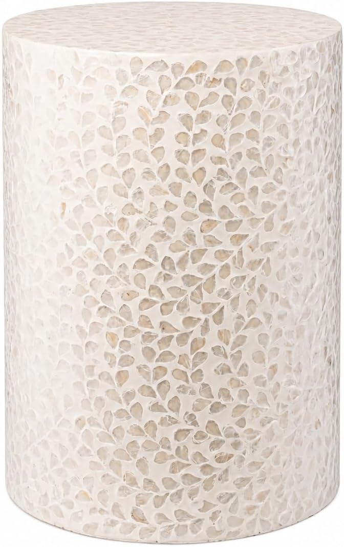 PEMAR Capiz Shell Cylinder Drum End Table Nacre Side Table Stool Accent Coffee Bedside Round Nightstand and Vanity Stool White Cream Floral Vine Pattern 13" Diameter x 19.3" High